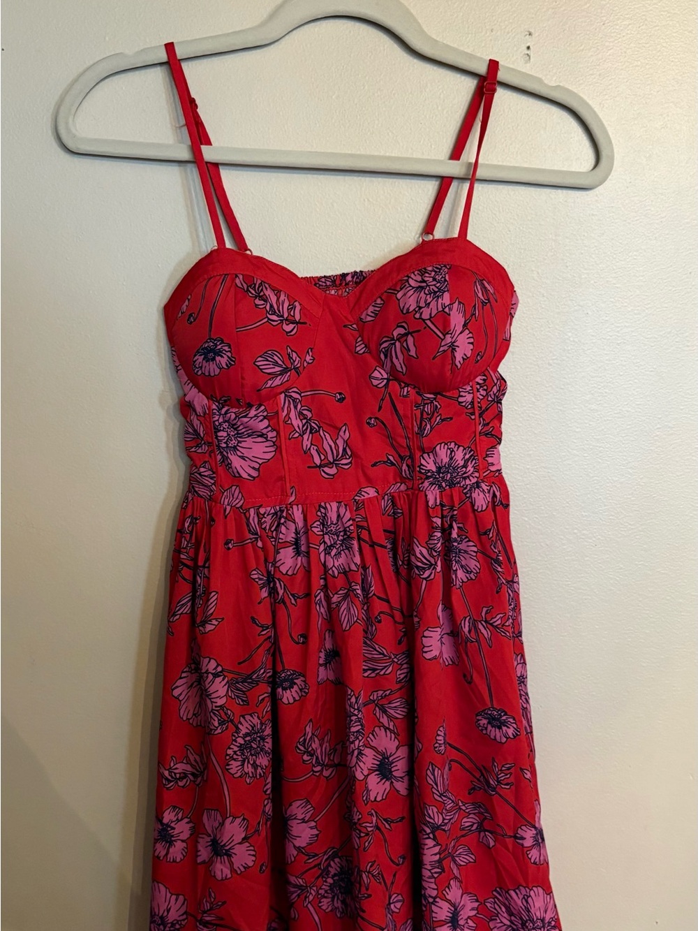 Free People— Land of the Free Red Mini Dress with Pink Floral Print